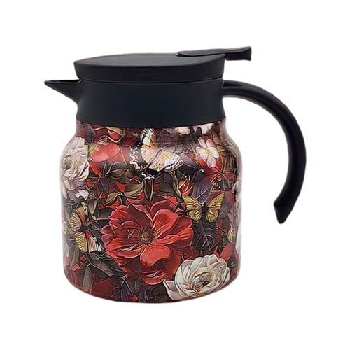 Théière à motif floral vintage avec filtre intégré Bec en forme de V Bouilloire à thé anti-déversement Pot à infuseur à thé Cafetière facile à verser pour boissons chaudes-Poignée en plastique rouge 800ML