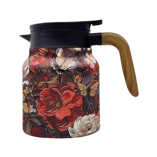 Théière à motif floral vintage avec filtre intégré Bec en forme de V Bouilloire à thé anti-déversement Pot à infuseur à thé Cafetière facile à verser pour boissons chaudes-Manche en bois rouge 800ML