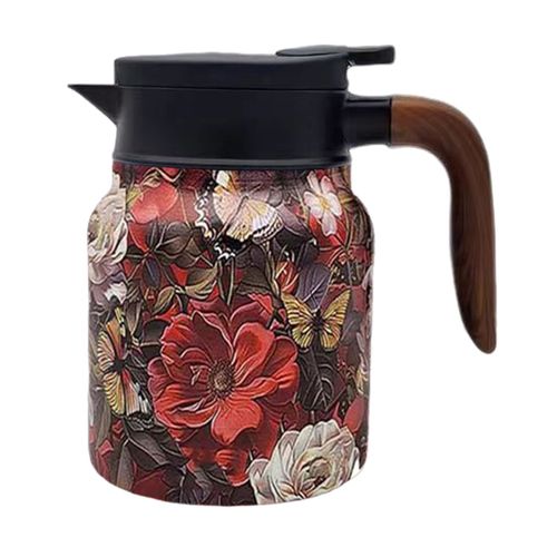 Théière à motif floral vintage avec filtre intégré Bec en forme de V Bouilloire à thé anti-déversement Pot à infuseur à thé Cafetière facile à verser pour boissons chaudes-Manche en bois rouge 1000ML