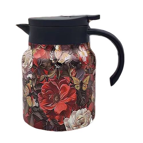 Théière à motif floral vintage avec filtre intégré Bec en forme de V Bouilloire à thé anti-déversement Pot à infuseur à thé Cafetière facile à verser pour boissons chaudes-Poignée en plastique rouge 1000ML