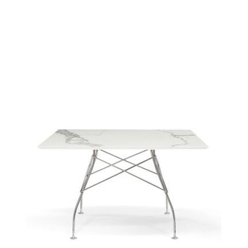 Kartell - Table Glossy Rectangulaire - Marbre Blanc - Chrome  - Blanc