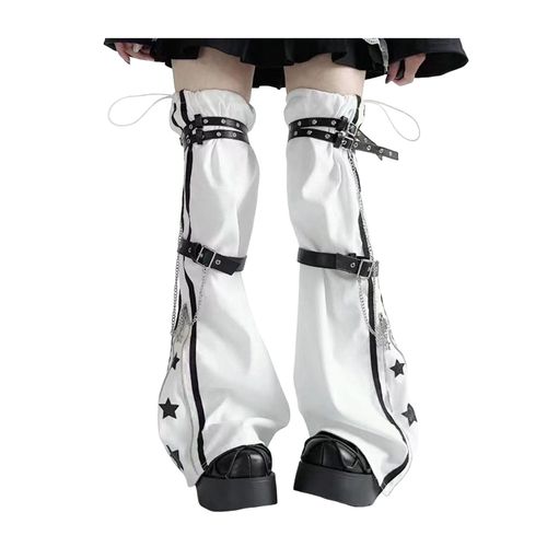 1 Paire De Jambières Pour Filles Chaudes, Ceinture Réglable, Décor De Chaîne, Chaussettes Empilées, Hip Hop Streetwear, Leggings Imprimés Étoiles, Couleur Contrastée, Cordon De Serrage Antidérapant, Chaussettes Pour Mollet-Noir