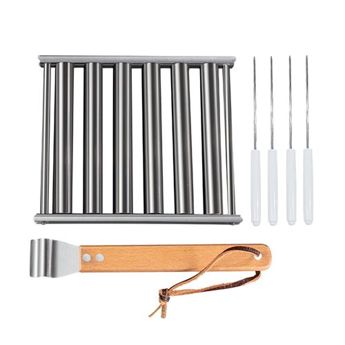 1 ensemble de support à rouleaux à saucisses avec manche Long en bois, 4 bâtons en acier inoxydable de qualité alimentaire, rouleau à Hot Dog résistant à la chaleur, accessoires de barbecue