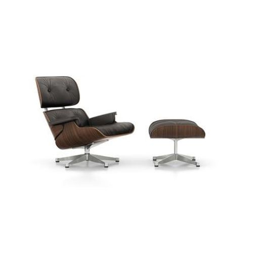 Vitra - Lounge Chair & Ottoman - Poli - Cuir Premium F Marron - Noyer - Pigment Noir - Dimensions Classiques - 84 Cm - Marron