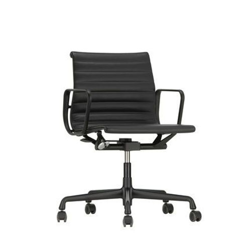 Vitra - Chaise En Aluminium Ea 117, Structure Polie, Roulettes Souples Pour Sols Durs - Noir Profond - Cuir/Plano - Nero/Nero - Roulettes Pour Sols Durs - Noir