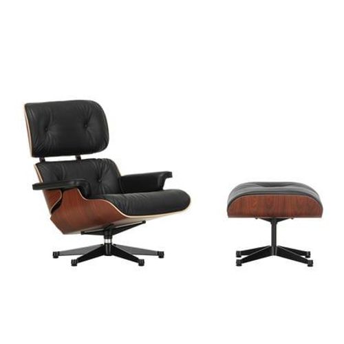 Vitra - Lounge Chair & Ottoman - Poli / Côtés Noirs - Cuir Premium F Nero - Santos Palisander - Dimensions Classiques - 84 Cm - Marron