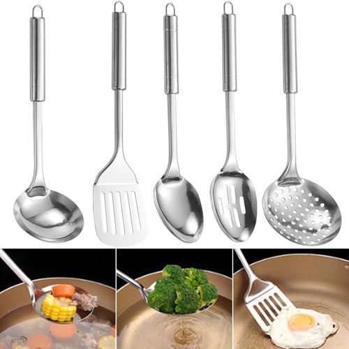 Ensemble D'ustensiles De Cuisine En Acier Inoxydable, 5 Pièces, Cuillères Antiadhésives Résistantes À La Chaleur, Spatule Avec Trou De Suspension, Poignée Ergonomique, Outils De Cuisine