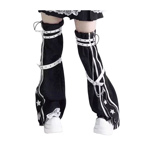 1 Paire De Jambières Pour Filles Chaudes, Ceinture Réglable, Décor De Chaîne, Chaussettes Empilées, Hip Hop Streetwear, Leggings Imprimés Étoiles, Couleur Contrastée, Cordon De Serrage Antidérapant, Chaussettes Pour Mollet-Blanc