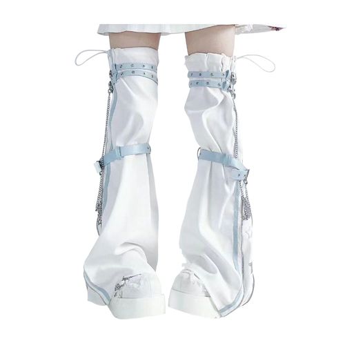 1 Paire De Jambières Pour Filles Chaudes, Ceinture Réglable, Décor De Chaîne, Chaussettes Empilées, Hip Hop Streetwear, Leggings Imprimés Étoiles, Couleur Contrastée, Cordon De Serrage Antidérapant, Chaussettes Pour Mollet-Bleu