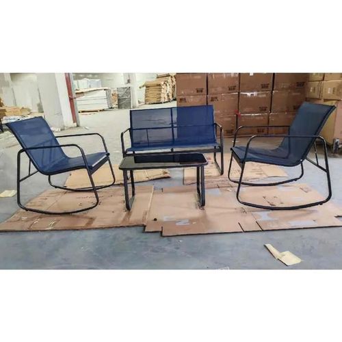 Costway Ensemble 4 Pcs Table Et Chaises De Jardin, Table En Verre, 2 Chaises À Bascule Et Causeuse, Pour Balcon Patio Piscine, Bleu