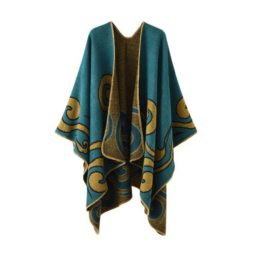 Femmes Automne Cape Tricot Cardigan Impression Ample Ourlet Irrégulier Chaud Doux Impression Bohème Femmes Automne Cape Femmes Vêtement-Bleu
