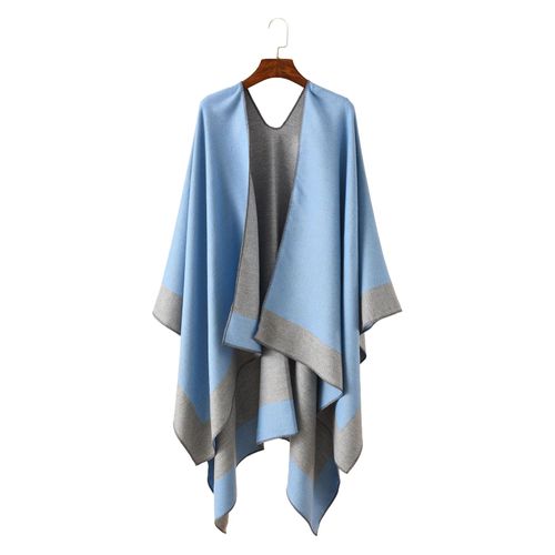 Châle Chaud Pour Femme, Cape Double Face Ouverte Sur Le Devant, Avec Contraste De Couleurs, Plusieurs Façons De Porter Un Pull Poncho, Automne Et Hiver-Bleu