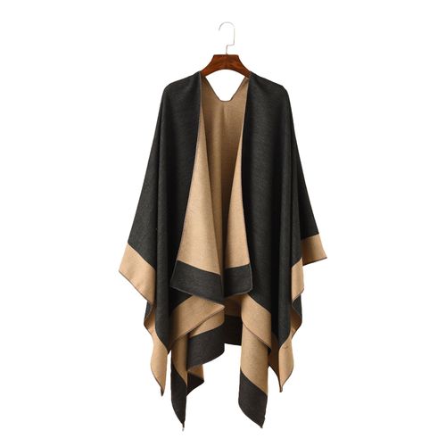 Châle Chaud Pour Femme, Cape Double Face Ouverte Sur Le Devant, Avec Contraste De Couleurs, Plusieurs Façons De Porter Un Pull Poncho, Automne Et Hiver-Noir