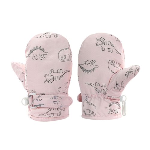 1 Paire De Mitaines D'hiver Pour Enfants, Doublure Épaisse En Peluche, Coupe-Vent, Dinosaure De Dessin Animé, Gants D'extérieur Pour Temps Froid, Sangle De Fixation Réglable, Gants De Ski Antidérapants-Rose L