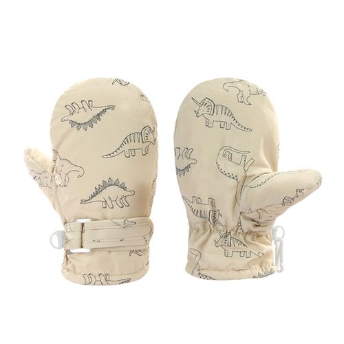1 Paire De Mitaines D'hiver Pour Enfants, Doublure Épaisse En Peluche, Coupe-Vent, Dinosaure De Dessin Animé, Gants D'extérieur Pour Temps Froid, Sangle De Fixation Réglable, Gants De Ski Antidérapants-Kaki L