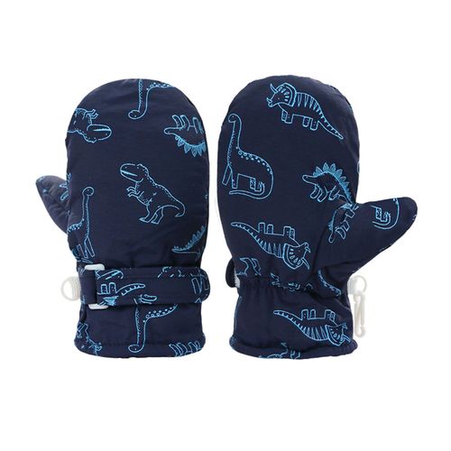 1 Paire De Mitaines D'hiver Pour Enfants, Doublure Épaisse En Peluche, Coupe-Vent, Dinosaure De Dessin Animé, Gants D'extérieur Pour Temps Froid, Sangle De Fixation Réglable, Gants De Ski Antidérapants-Bleu Marine L