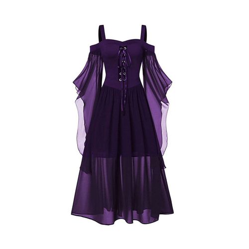 Halloween Maxi Robe Femmes Renaissance Vintage Hors Épaule En Mousseline De Soie Longue Robe Col Carré A-Ligne Silhouette À Bretelles Costume Pour Les Occasions Festives-L Violet
