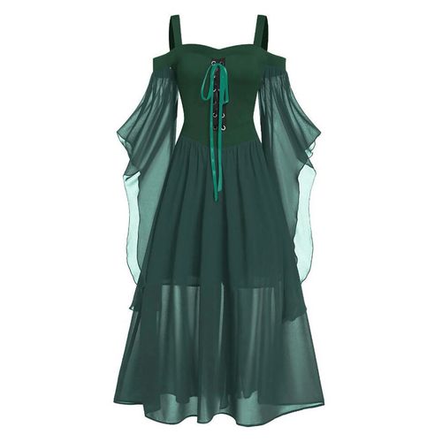 Halloween Maxi Robe Femmes Renaissance Vintage Hors Épaule En Mousseline De Soie Longue Robe Col Carré A-Ligne Silhouette À Bretelles Costume Pour Les Occasions Festives-M Vert