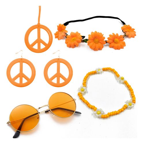1 Ensemble D'accessoires De Costume Pour Femmes, Signe De Paix, Fleur, Décor Perlé, Vintage Années 60 Et 70, Cadeaux De Fête Disco, Boucles D'oreilles, Lunettes De Soleil, Collier, Bandeau-Ensembles Oranges