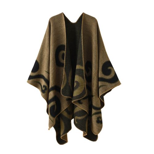 Femmes Automne Cape Tricot Cardigan Impression Ample Ourlet Irrégulier Chaud Doux Impression Bohème Femmes Automne Cape Femmes Vêtement-Brun