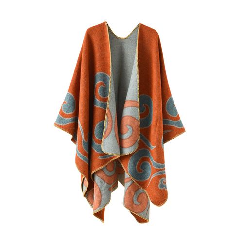 Femmes Automne Cape Tricot Cardigan Impression Ample Ourlet Irrégulier Chaud Doux Impression Bohème Femmes Automne Cape Femmes Vêtement-Orange