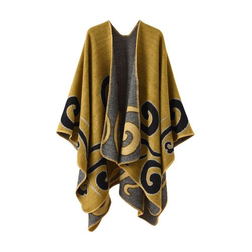 Femmes Automne Cape Tricot Cardigan Impression Ample Ourlet Irrégulier Chaud Doux Impression Bohème Femmes Automne Cape Femmes Vêtement-Jaune