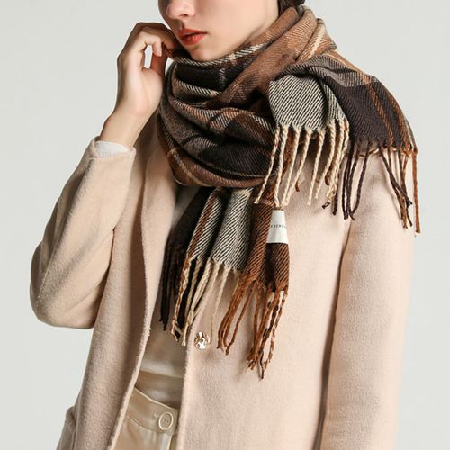 Écharpe Thermique Épaisse À Pampilles De Style Coréen Pour Femme, Châle Long Et Chaud Imprimé À Carreaux, Accessoires De Costume, Hiver-Beige
