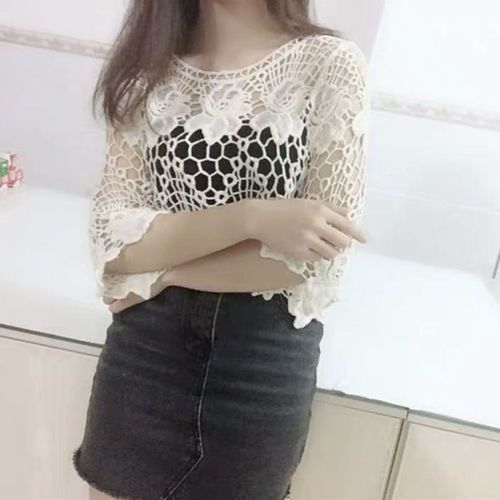 Femmes Évider Broderie Dentelle Florale Couvrir Col Rond Demi Manches Jacquard Couleur Unie Coupe Ample Hauts Pullover-Blanc M