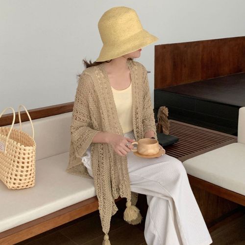 Châle en tricot pour femmes, Style ethnique, couleur unie, cape tressée creuse avec décor de réfrigérateur, châle drapé, accessoire pour robe de Cocktail-Kaki