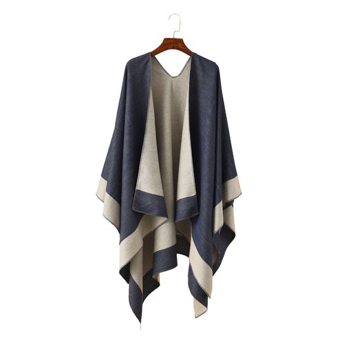 Châle Chaud Pour Femme, Cape Double Face Ouverte Sur Le Devant, Avec Contraste De Couleurs, Plusieurs Façons De Porter Un Pull Poncho, Automne Et Hiver-Bleu Foncé