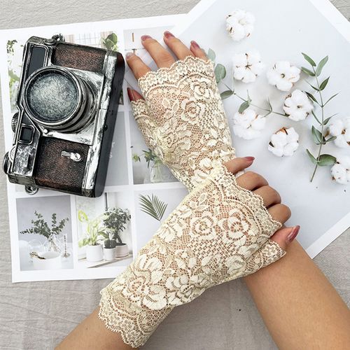 1 Paire De Gants Demi-Doigts En Dentelle Transparent Ajouré Broderie De Fleurs Couleur Unie Élastique Mariée Mariage Bal Fête Gants Décoratifs-Beige