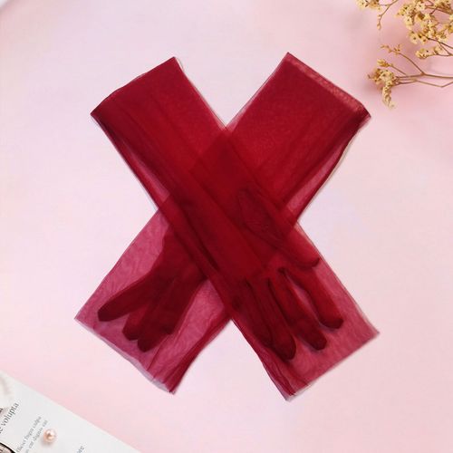 1 Paire De Couvre-Bras De Bal Pour Femmes, Maille Transparente Fine Plissée À Cinq Doigts, Spectacles De Style Littéraire, Accessoire Photo De Mariage De Mariée, Manchettes-Vin Rouge
