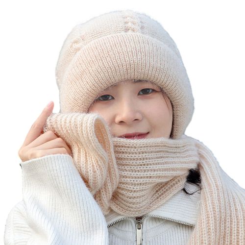 Chapeau D'hiver Pour Femmes Tricoté Épais Couleur Unie Double Couche Coupe-Vent Chaud Doux Protection Des Oreilles Élastique Anti-Dérapant Bonnet Écharpe Combo Femmes Casquette-Beige