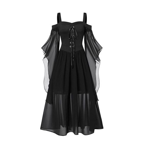 Halloween Maxi Robe Femmes Renaissance Vintage Hors Épaule En Mousseline De Soie Longue Robe Col Carré A-Ligne Silhouette À Bretelles Costume Pour Les Occasions Festives-Xl Noir