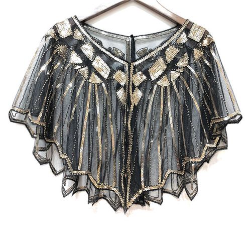 Châle De Bal Pour Femmes, Décor De Paillettes Perlées, Transparent, Court, Col En V, Épaules Fines, Doux, Respirant, Léger, Pour Bal De Promo, Mariage, Banquet, Dame-Noir Doré