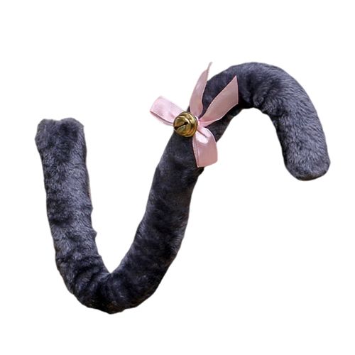Peluche Longue Queue De Chat Ruban N?ud Papillon Cloche Femmes Filles Fête Cosplay Accessoires Squelette Doux Forme Pliable Imitation Queue Pour Robe Jupe Leggings Jeans Célébrations De Danse-Gris