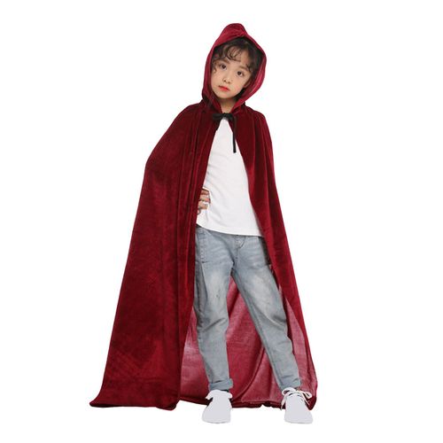 Cape De Cosplay D'halloween Pour Enfants, À Capuche, Ample, Longueur Au Sol, Couleur Pure, Unisexe, Spectacle Sur Scène, Cape De Sorcière-130cm Vin Rouge