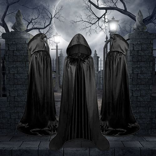 Halloween Enfants Cosplay Cape À Attacher Style Foncé Satin À Capuche Lâche Longueur Au Sol Couleur Pure Unisexe Spectacle De Sorcière Cape De Sorcière-140 Cm