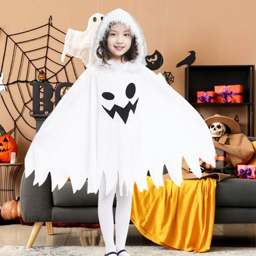 Cape D'halloween Pour Enfants, Cosplay Fantôme Elfe, Capuche En Peluche Moelleuse, Manches Chauve-Souris, Costume De Fête Pour Enfants, Maison Hantée, Accessoire Photos-Blanc L