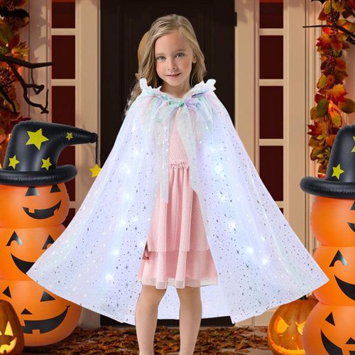 Cape D'halloween Pour Enfants Avec Chaîne Lumineuse Led En Maille Translucide À Paillettes Avec Capuche Et Cravate À Lacets Style Princesse Pour Fête De Noël - Poncho