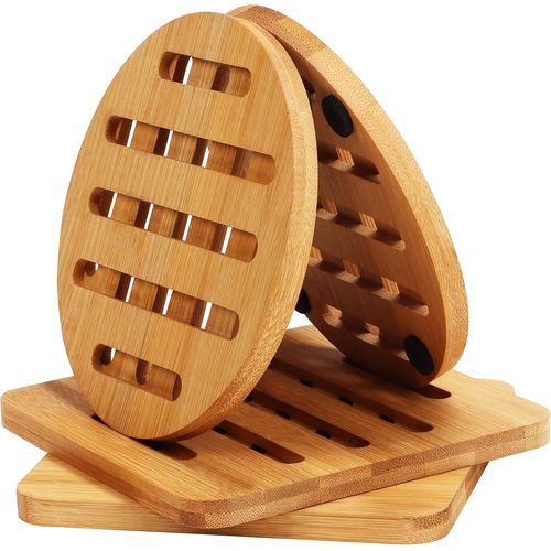 Anwxai-Dessous De Plat Bambou(Lot De 4)-15 X 15 Cm-Sous Plat Anti-Dérapants Ronds Et Carrés-Dessous De Plat Bois Naturel Pour Théières,Bols Et Assiettes De Table