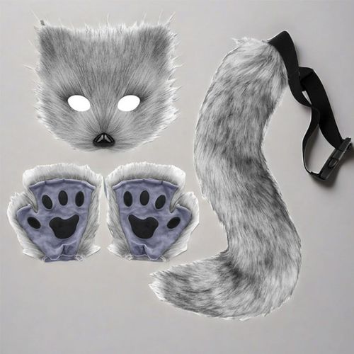 1 Ensemble De Masques De Mitaines En Fausse Queue De Renard Pour Cosplay, Peluche Douce Et Pelucheuse, Tour De Taille Réglable, Antidérapant, Performance Club De Danse, Costumes Paty, Accessoire Queue Artificielle-Gris