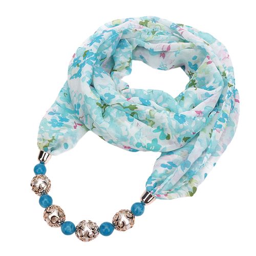 Collier En Mousseline De Soie, Pendentif De Perles, Imprimé Floral, Écharpe, Style Ethnique Simple, Vintage, Pour La Maison-Bleu Clair
