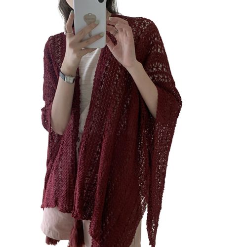Châle en tricot pour femmes, Style ethnique, couleur unie, cape tressée creuse avec décor de réfrigérateur, châle drapé, accessoire pour robe de Cocktail-Vin Rouge