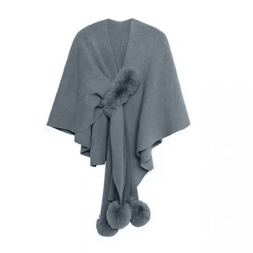 Cape Châle Pour Femmes, Col En V, Couleur Unie, Décor De Boule En Peluche, Design Croisé, Châle En Tricot Chaud Et Polyvalent, Vêtements De Transport Quotidiens-Gris