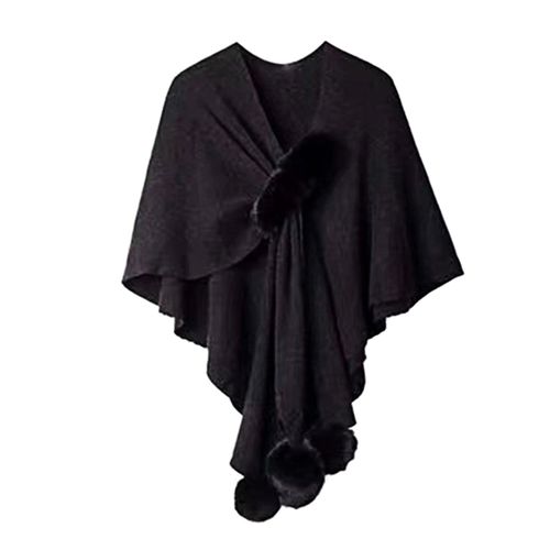 Cape Châle Pour Femmes, Col En V, Couleur Unie, Décor De Boule En Peluche, Design Croisé, Châle En Tricot Chaud Et Polyvalent, Vêtements De Transport Quotidiens-Noir