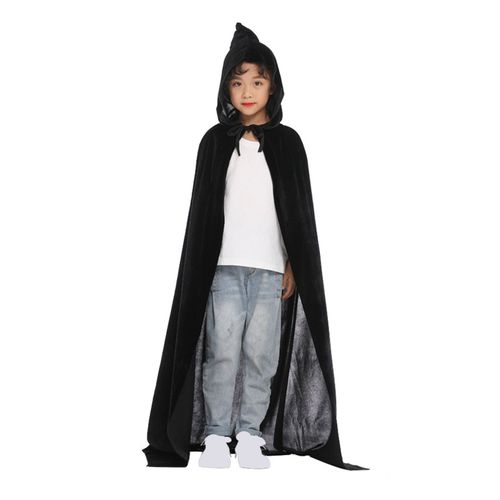Cape De Cosplay D'halloween Pour Enfants, À Capuche, Ample, Longueur Au Sol, Couleur Pure, Unisexe, Spectacle Sur Scène, Cape De Sorcière-150cm Noir