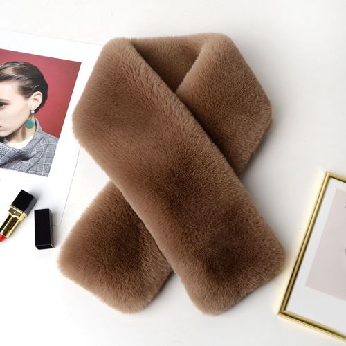 Écharpe Croisée En Fausse Fourrure De Lapin Double Face Épaissie Douce Lavable Garder Au Chaud Couleur Pure Automne Hiver Femme Cache-Cou Écharpe Pour L'extérieur-Café