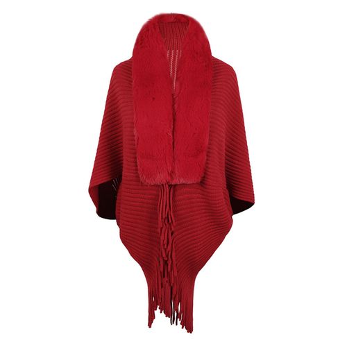 Femmes Hiver Châle Tricoté Épais En Peluche Gland Point Ouvert Cardigan Fausse Fourrure Couleur Unie Protection Du Cou Coupe-Vent Ponchos Fête Bal Cape-Rouge