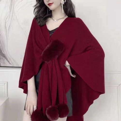 Cape Châle Pour Femmes, Col En V, Couleur Unie, Décor De Boule En Peluche, Design Croisé, Châle En Tricot Chaud Et Polyvalent, Vêtements De Transport Quotidiens-Vin Rouge
